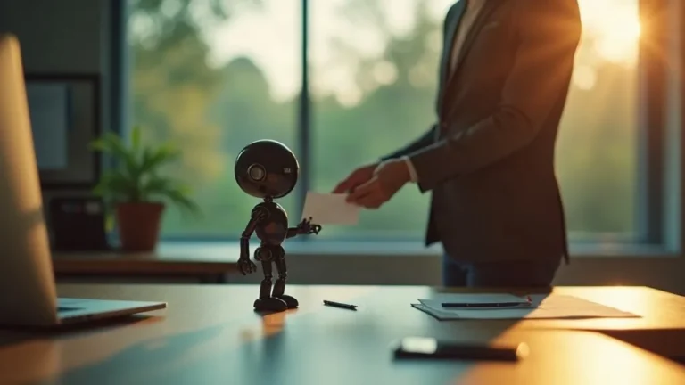 AI-agent in een bedrijf: abstracte robot die documenten overhandigt op een bureau