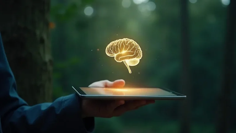 AI-search: holografisch brein boven tablet