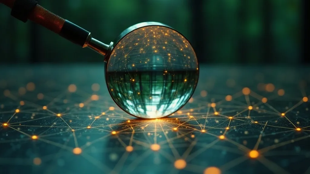 AI-visibility tools: vergrootglas boven gloeiend netwerkpatroon