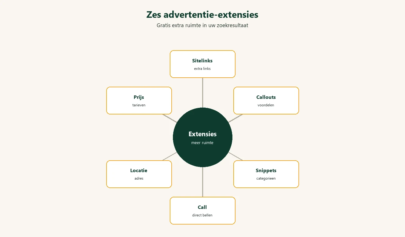 Diagram: zes Google Ads extensies