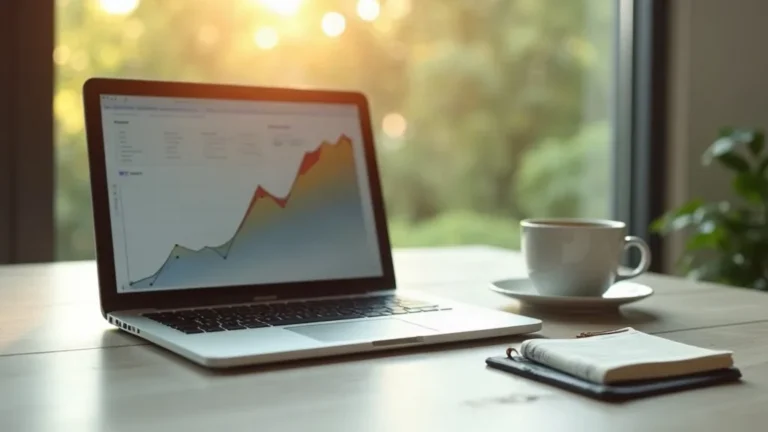 Eerste Google Ads-campagne opzetten: overzichtelijke werkplek met stijgende grafiek op laptop