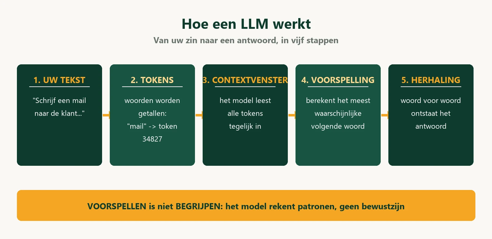 Diagram: hoe een LLM werkt in vijf stappen, van uw tekst naar tokens naar voorspelling