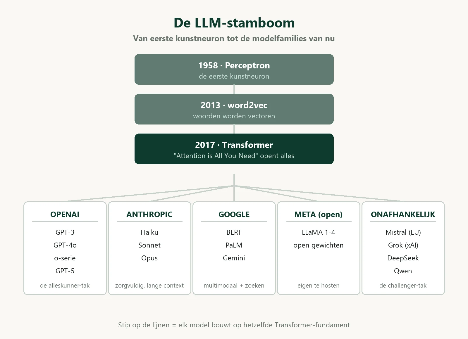Stamboom van LLM-families: OpenAI, Anthropic, Google, Meta en onafhankelijke takken