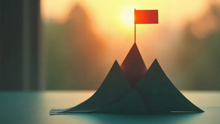 Wat werkt in SEO: vlag op piek van stijgende grafiek-bergen bij zonsopkomst