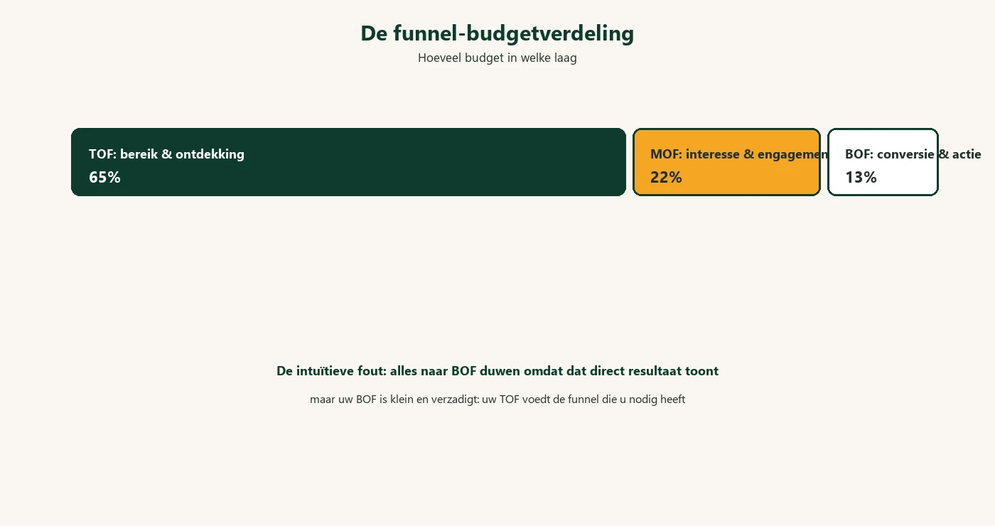 De funnel-budgetverdeling: 65% TOF, 22% MOF, 13% BOF