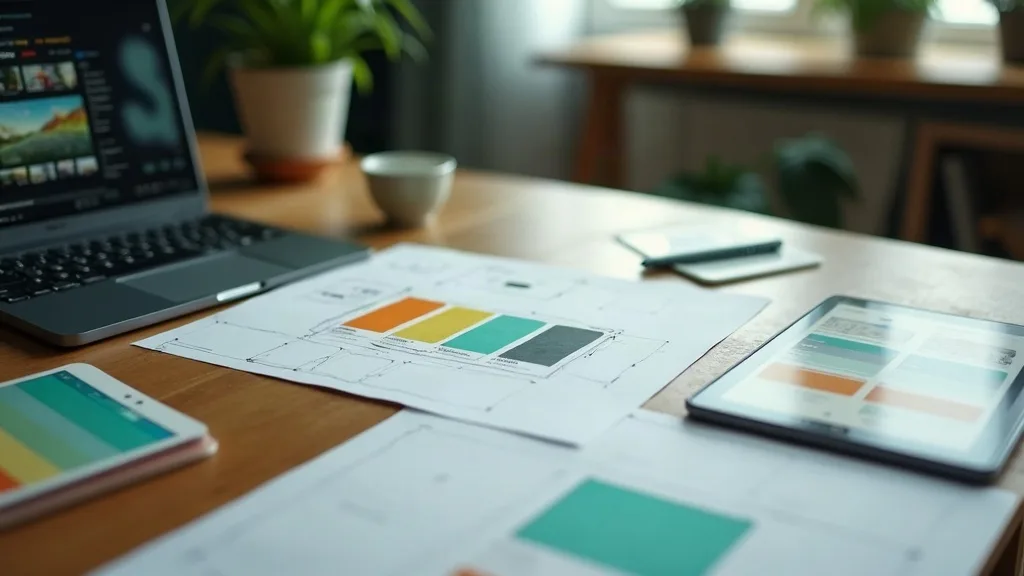 UI/UX design: wireframes en kleurenstalen op bureau