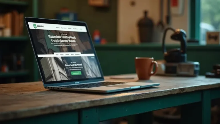 Garage-website: laptop op werkbank in garage-kantoor