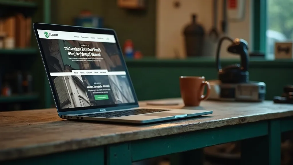 Garage-website: laptop op werkbank in garage-kantoor