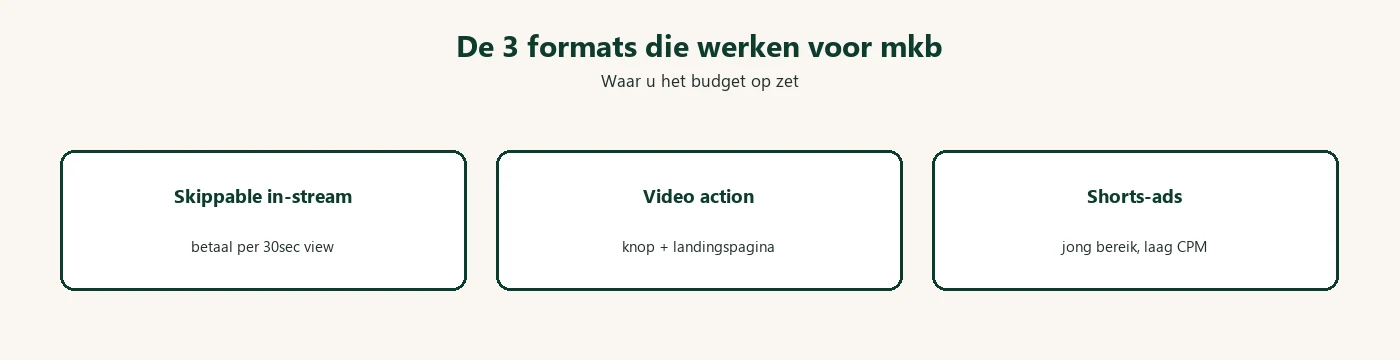 De drie YouTube-formaten die werken voor het mkb: skippable in-stream, video action-campagnes en Shorts-ads