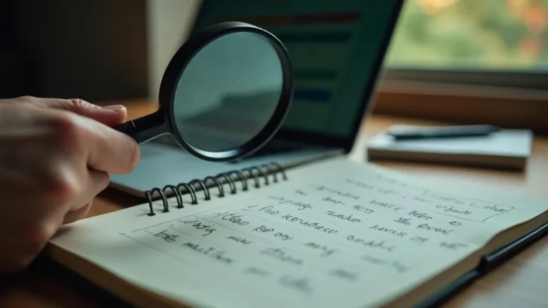Zoekwoordonderzoek: vergrootglas boven zoekwoordenlijst en mindmap op bureau